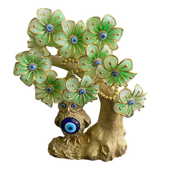 Turkish Blue Evil Eye Tree with Painted Golden Owl Statue Artificial Flowers - Picture 6 of 9